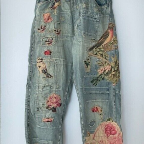 Magnolia Pearl PANTS 415 Birdlover Miner Pink Flowers Denim Jeans Birds Blue New - Picture 4 of 5